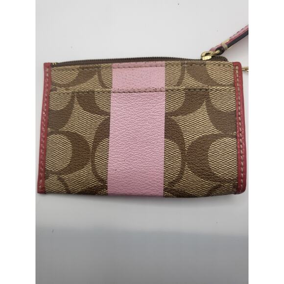COACH Card Coin ID Case Holder With Key Chain Tan & Pink Leather Fabric Lining - Picture 5 of 7